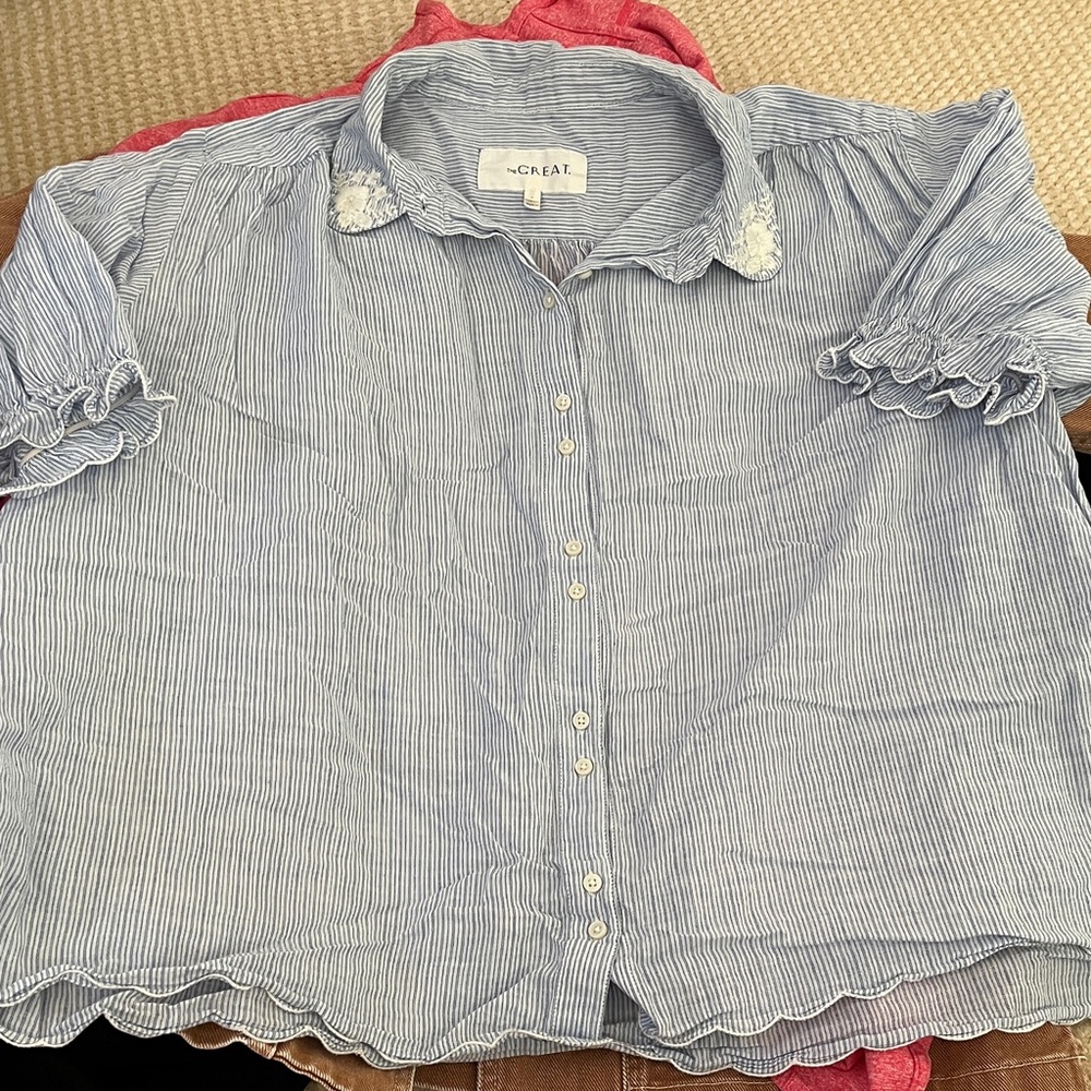 THE GREAT. Blue Striped Button Down Shirt